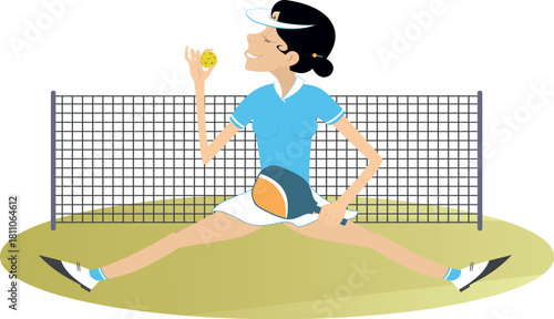 Sunny day. Young woman on pickleball court