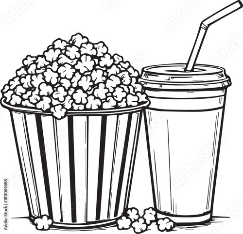 Monochrome Hand Drawn Popcorn and Soda Combo Engraved Vector Illustration Cinema Snack