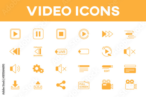 media player control video audio ui icon set line style