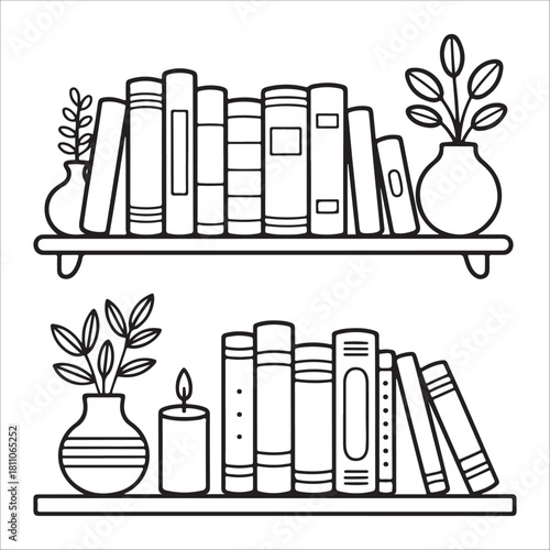 Simple line art illustration of bookshelves filled with books and decorative plants
