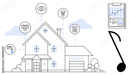 Smart home with sensors for lighting, security, water, and energy control. Features connectivity and efficient management. Ideal for tech, energy, home automation, innovation residential tech IoT
