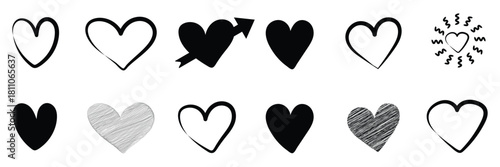 Red heart doodles set. Hand drawn hearts icon collection. Various different hand drawn heart icon love collection isolated on transparent background. Romance and love