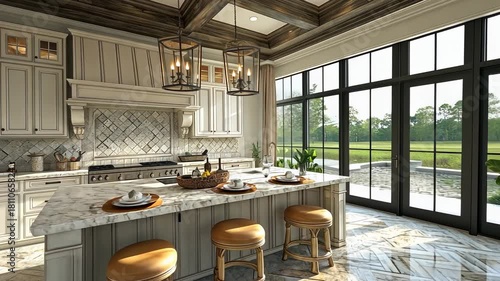 Spacious Luxury Kitchen with Marble Island and Scenic Views
