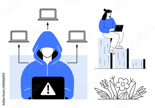 Hooded figure with laptop and warning sign symbolizing cyber threats, connected laptops for hacking representation, woman working remotely on growing bar graphs, floral accent. Ideal