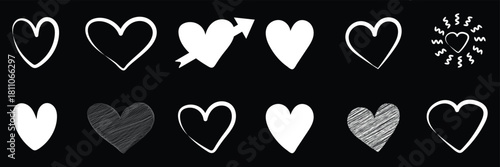 Hand drawn heart icons set, love and romance doodles vector design on transparent background