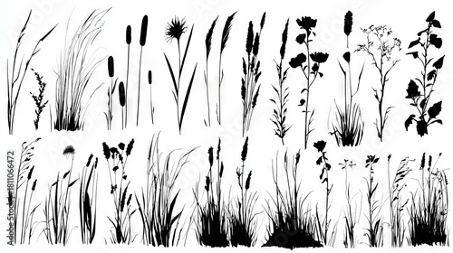 A modern set of silhouettes of various grasses in black and white