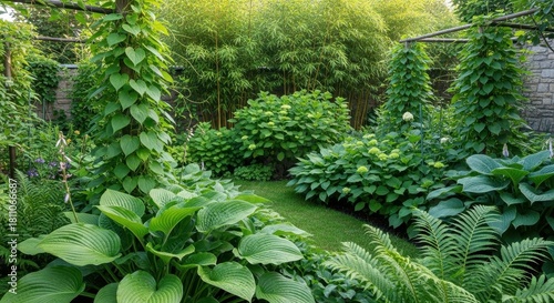 Lush garden landscape showcasing a variety of vibrant green plants and foliage arrangement