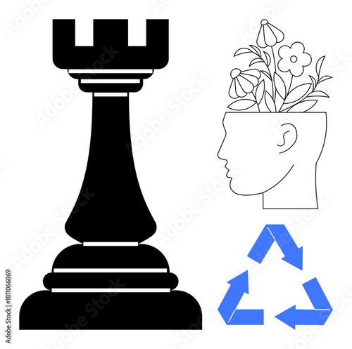 Chess rook symbolizes strategy, head with flowers signifies creativity, recycling arrows denote sustainability. Ideal for growth, innovation, strategic thinking, mindfulness, planning