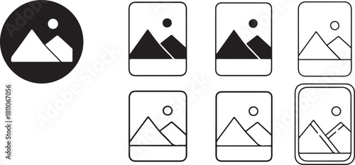 Iconic Landscapes: A collection of simple, stylized illustrations representing scenic landscapes, each a minimalist depiction of mountains and a sun.