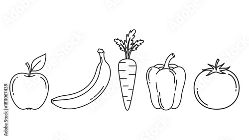 Simple line drawing of fresh fruits and vegetables in a row