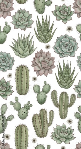 Wallpaper Mural Seamless botanical pattern of hand-drawn cacti and succulents, a charming vintage illustration of exotic desert flora Torontodigital.ca