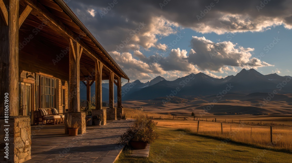 Obraz premium A grand farmhouse with a steep roof and wooden columns standing tall against a backdrop of distant mountains