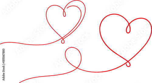 Two red heart shapes connected by a flowing line on a black background design art