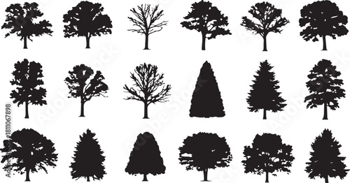 Diverse Tree Silhouettes: A collection of various tree silhouettes, showcasing diverse shapes and forms, providing a rich selection for design and illustrative purposes.