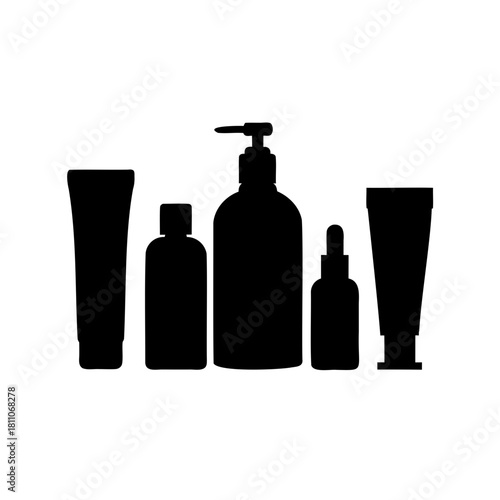 Minimalist black silhouette of cosmetic and skincare product bottles and tubes