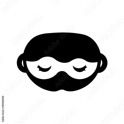 Monochrome cartoon face with closed eyes and a sleep mask design