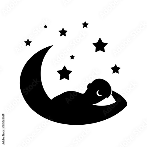 Stylized Silhouette of a Person Sleeping on the Moon Surrounded by Stars