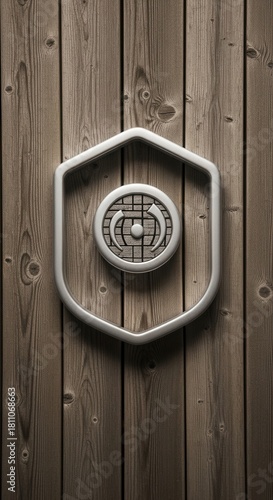 Neutral emblem on textured wooden backdrop symbolizing privacy protection framework with