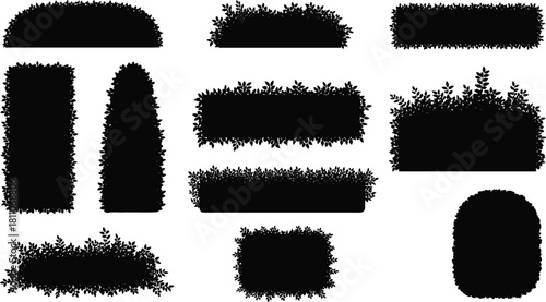 Black Shrub and Hedge Silhouette Set, Garden Foliage Frames, Nature, Topiary, Landscape Design Elements, Vector Collection