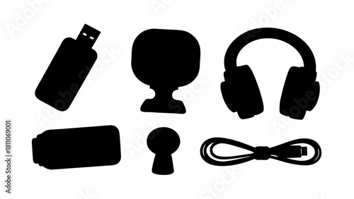 Essential tech silhouettes for modern creators USB drive webcam microphone headphones & cable for podcasting streaming and digital content creation