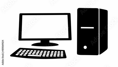 Sleek desktop computer setup including monitor, keyboard and tower unit, perfect for illustrating technology or office equipment in modern designs