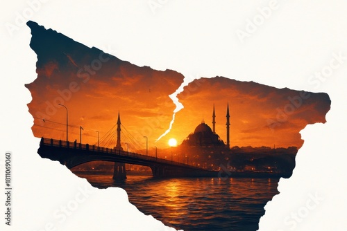 maps of istanbul city turkey with sunset over the sea