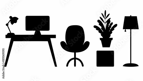 Modern home office setup with desk, computer, chair, plant, and lamp offers a streamlined workspace solution ideal for remote work and creative projects