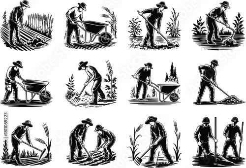 Farmer Agricultural Work Vector Set, Plowing, Planting, Digging, Farm Laborers, Vintage Woodcut Style Illustration Collection, Graphic