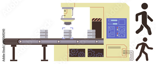 Robotic arm and conveyor belt system sorting boxes in a factory setting. Ideal for automation, industry, robotics, efficiency, production, technology, innovation, simple flat metaphor