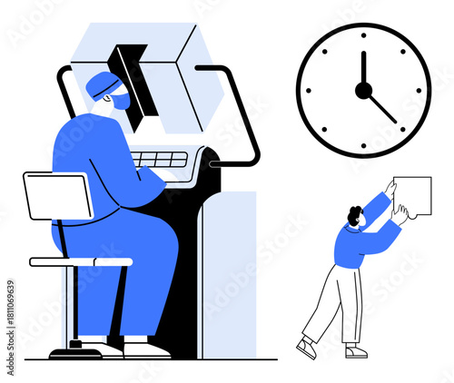 CNC machine operation. A worker operates a CNC machine under supervision, emphasizing CNC precision and teamwork. CNC technology streamlines manufacturing processes efficiently. Ideal for industrial