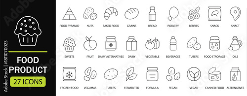 Food product line icon set. Featuring healthy eating, nutrition, organic produce, frozen items, and vegan options. Perfect for food delivery apps, restaurant menus, and grocery website.