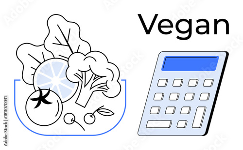 Bowl of fresh vegetables including broccoli, tomato, and lemon alongside a digital calculator labeled vegan. Ideal for healthy eating, diet tracking, plant-based lifestyles, calorie counting