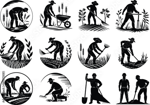 Farming Vector Silhouette Set, Agricultural Laborer, Farmer Working with Tools, Retro Woodcut Style Graphic Illustration CollectionFarming Vector Silhouette Set, Agricultural Laborer, 