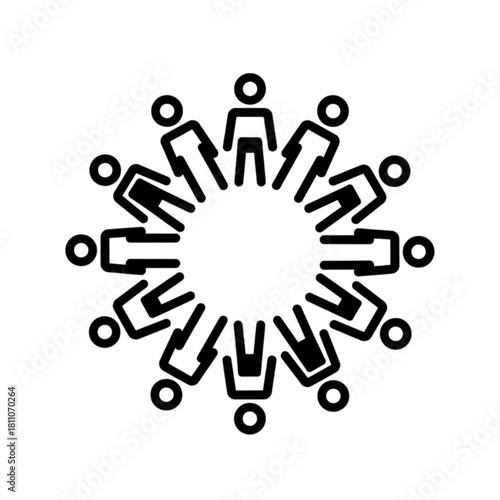 A diverse community of figures gathered in a large circle to symbolize global unity and total inclusion in this vector image