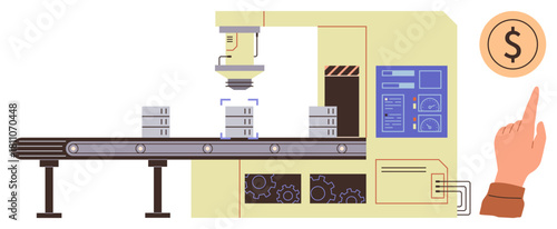 Conveyor with packaged goods under robotic arm inspection, operation dashboard, and cost-saving concept. Ideal for automation, efficiency, technology, workflow, machinery, productivity simple flat