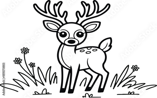 Cute Deer with Antlers and Flowers Line Art fawn animal