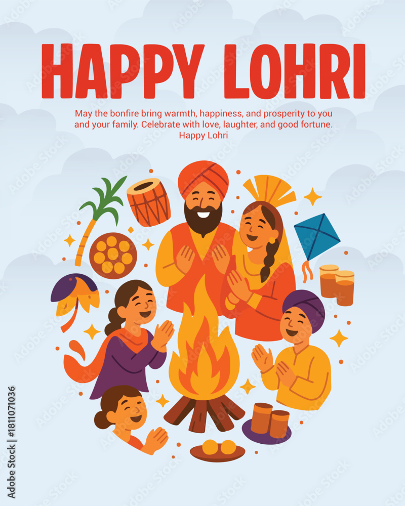 Fototapeta premium Vibrant Lohri Day Celebration Social Media Post Design with Festive Punjabi Elements