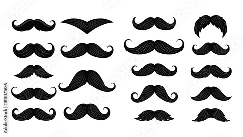 Collection of hand drawn mustache styles in black and white