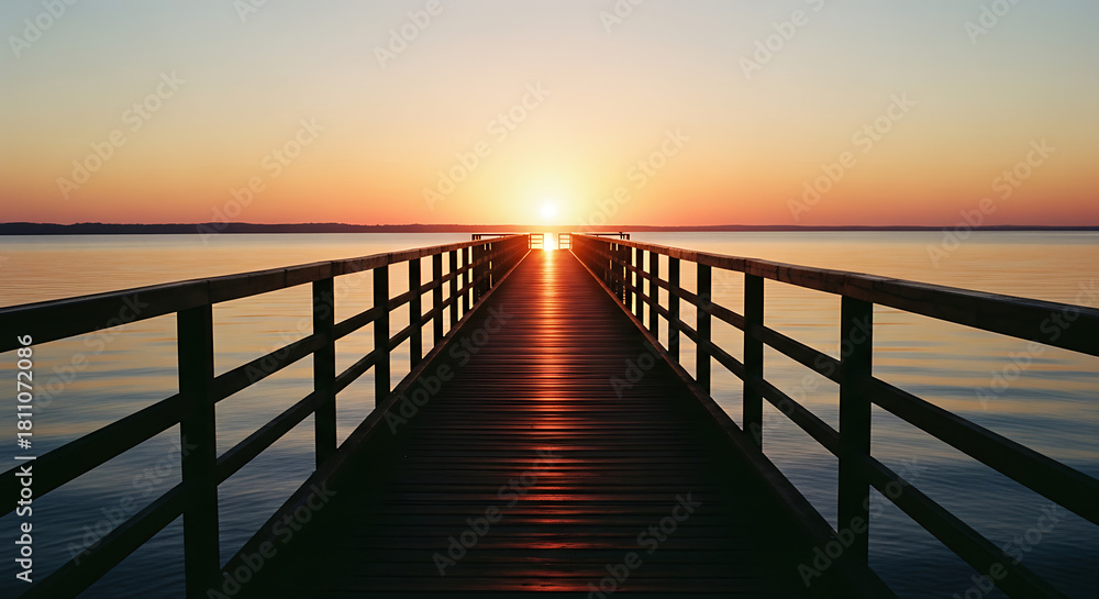 Obraz premium Wooden pier extending towards the horizon during a beautiful sunset.