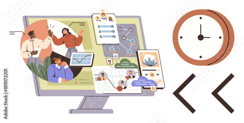 Computer screen displaying team collaboration, project management tools, time tracking elements, and virtual meetings. Ideal for remote work, productivity, workflow, teamwork, time management