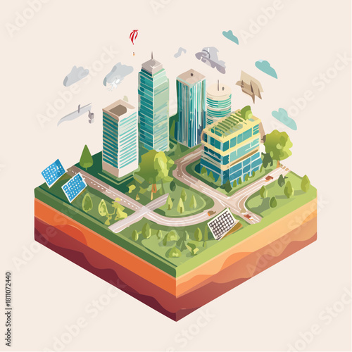 Isometric view of a sustainable city layout, featuring modern buildings, green areas, and solar panels, embodying eco-conscious urban planning and future living