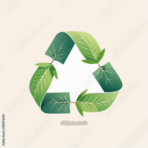 Green recycling symbol made of leaves, representing eco-friendly concepts, sustainability, and environmental protection. A visual representation of nature's renewal and responsible resource management