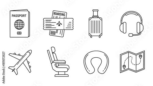 Hand drawn travel icons featuring passport airplane tickets luggage and airplane seat
