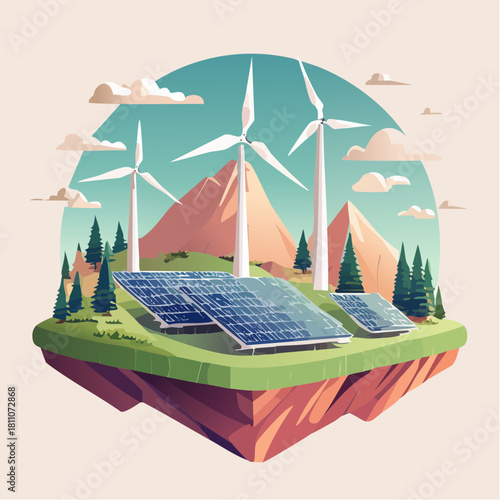 A concept illustration of a green future, showcasing renewable energy with solar panels and wind turbines on an idyllic floating island