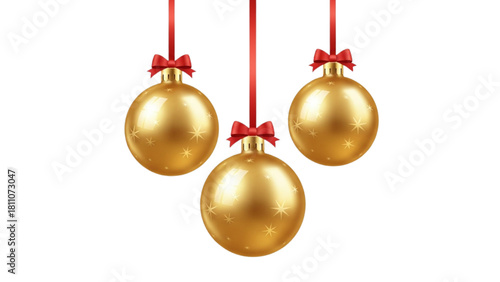 Elegant golden holiday ornaments adorned with vibrant red ribbons, perfect for festive seasonal decorations