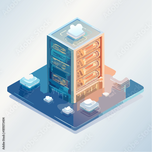 Isometric illustration of a modern cloud server infrastructure with glowing elements and abstract digital connections, representing advanced data processing and internet technology