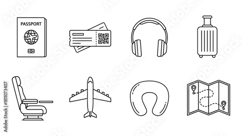 Collection of hand drawn travel icons featuring passport tickets airplane and luggage