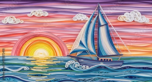 Serene quilling seascape capturing a sailboat gliding under a vibrant pastel sunset handmade paper