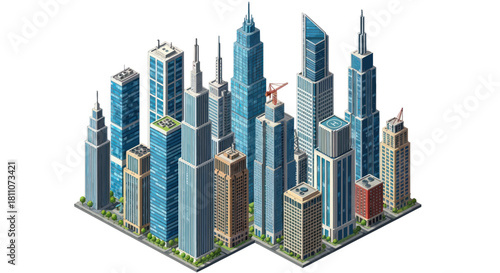 Isometric view of a modern city skyline with numerous tall buildings.