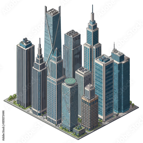 Isometric Cityscape Collection of Modern Skyscrapers and Buildings.
